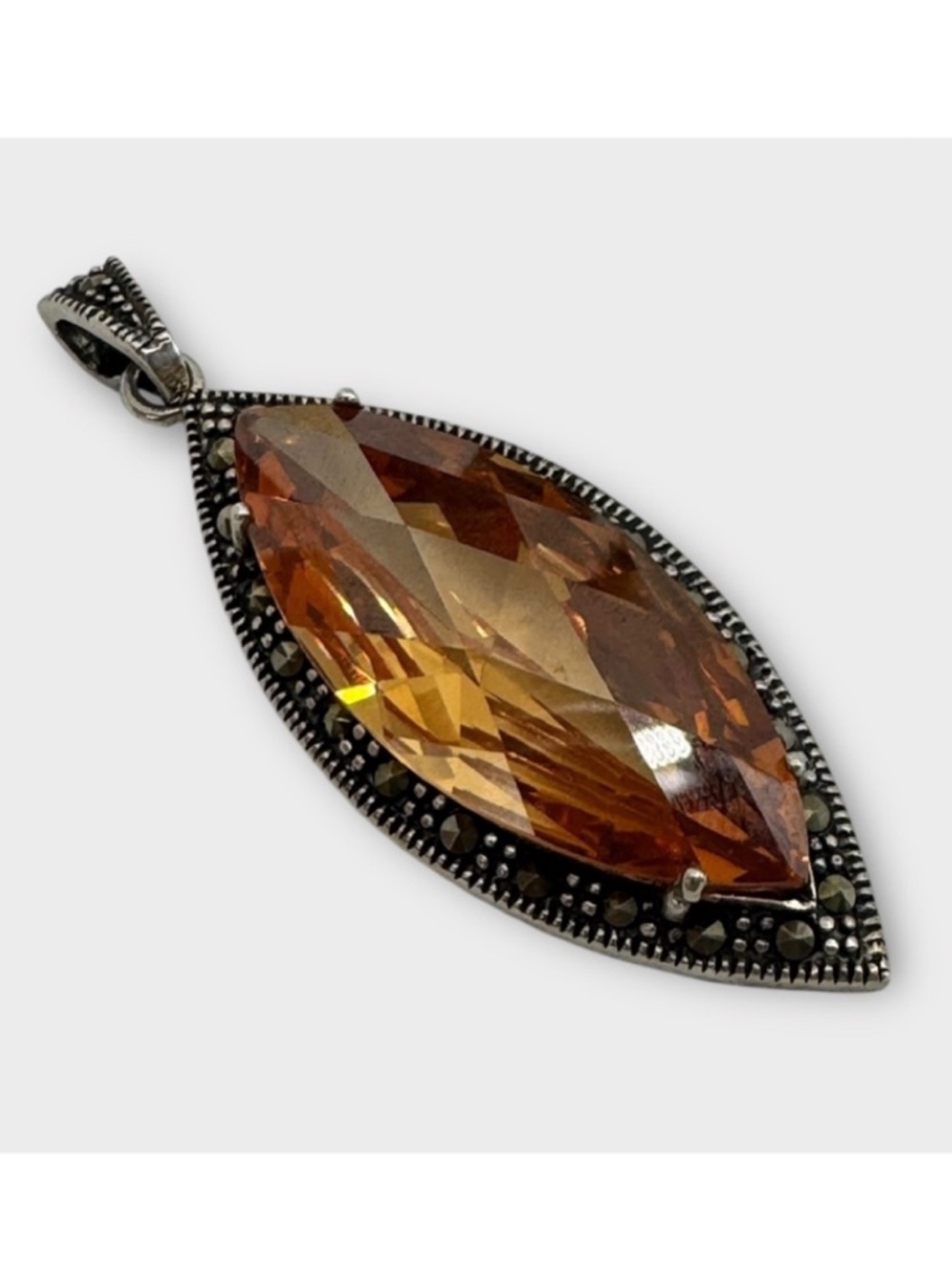 Sterling Silver Marquise Cut Smoky Quartz & Marcasite Pendant